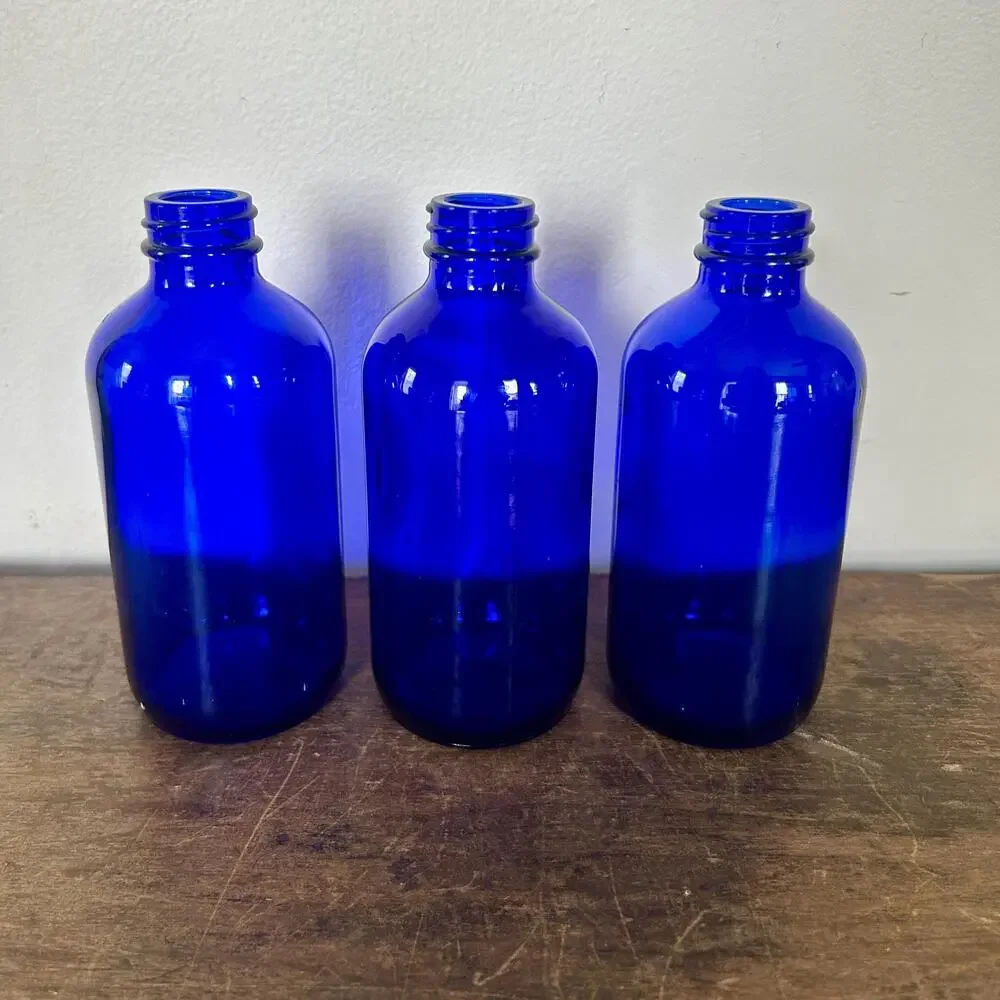 Set of 3 Vintage Cobalt Blue Glass Bottles | Bud Vases | Apothecary Cottagecore